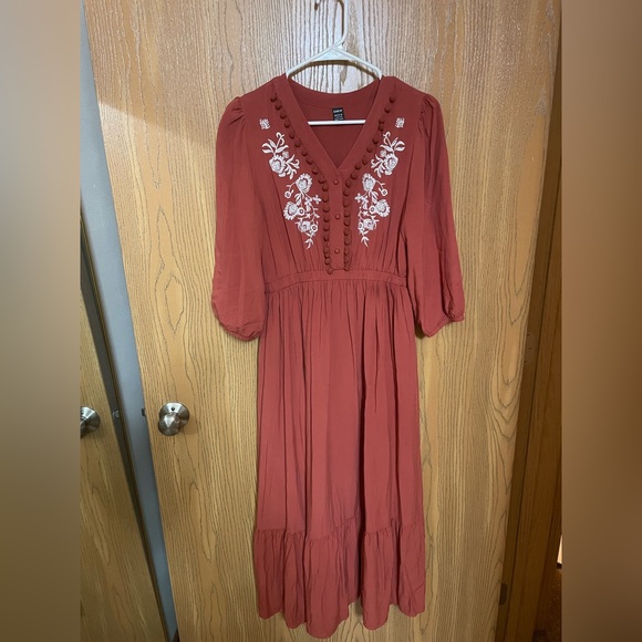 Shein Boho Burnt Orange Pom Pom Midi Dress - Picture 6 of 9